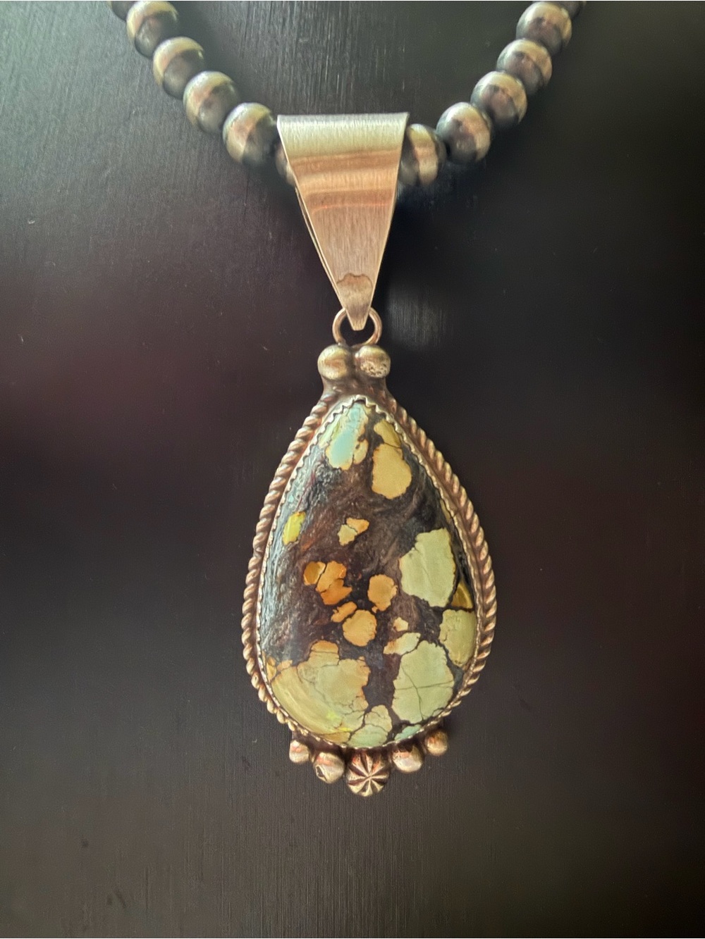 Donavan Nez Sterling Silver Blackjack Turquoise Teardrop Pendant